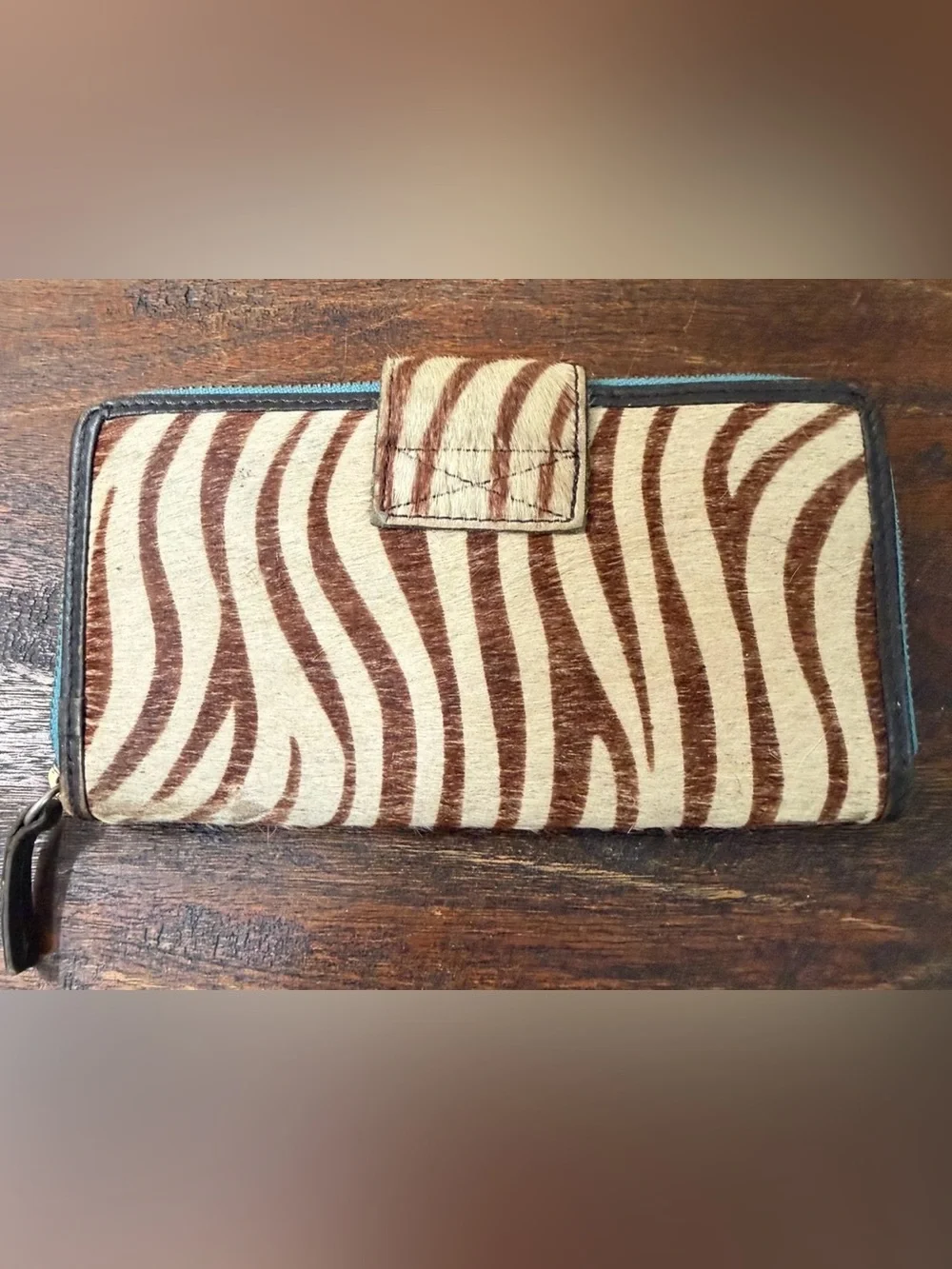 Vintage Boden Zebra Calf Hair turquoise trim zipper wallet
